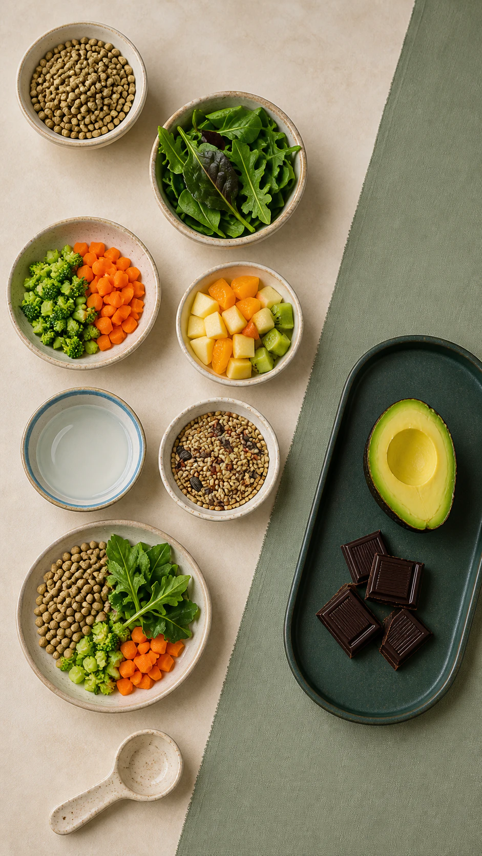 Mesa con alimentos reales aptos y alimentos peligrosos separados
