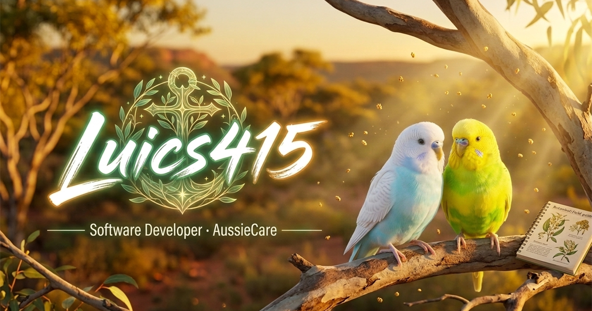 Firma oficial de Luics415 para AussieCare junto a los dos periquitos australianos